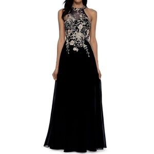 Betsy & Adam - Sleeveless Floral-Appliqué Illusion Gown